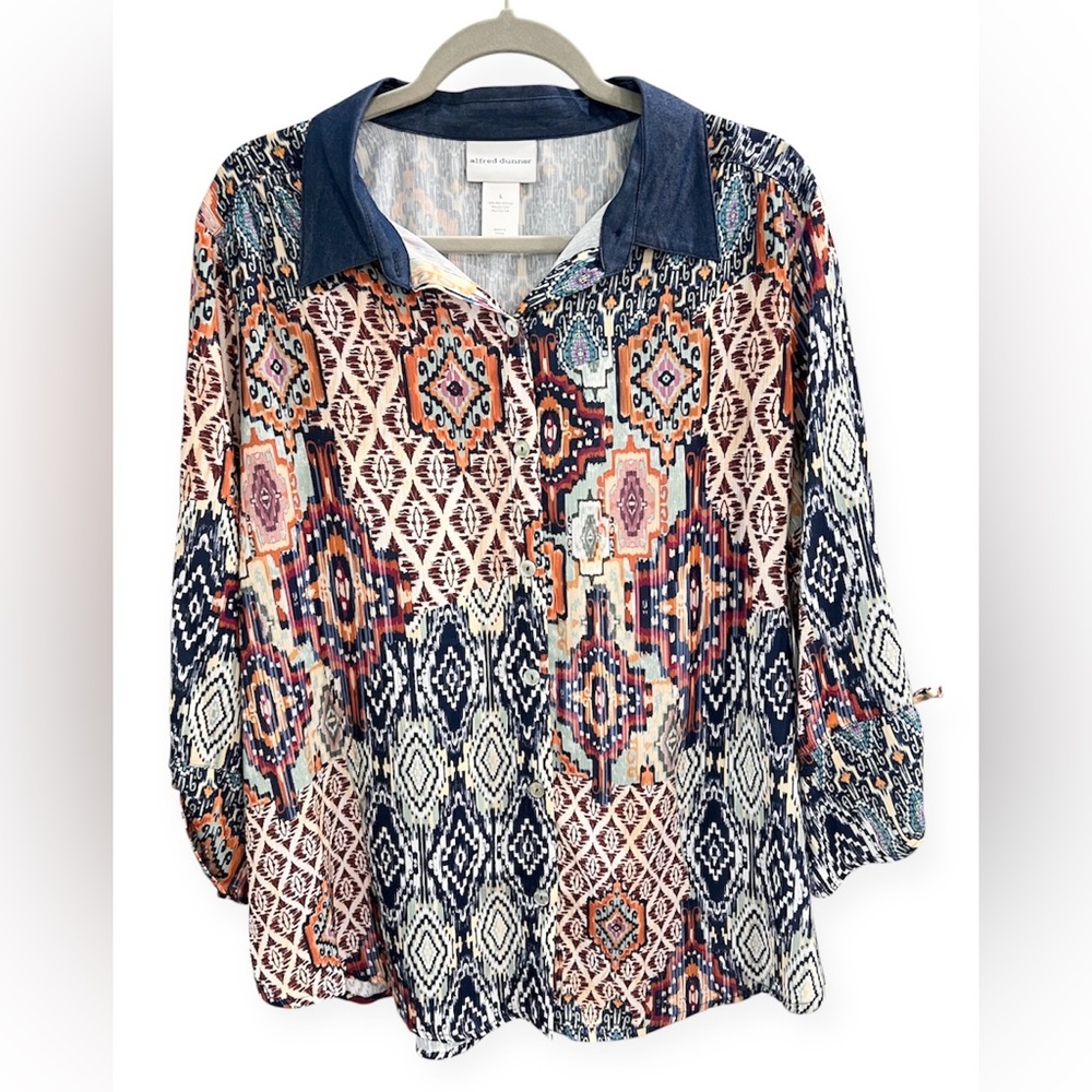 Alfred Dunner Women’s Multicolor Print Button Down Blouse, Like New! Large